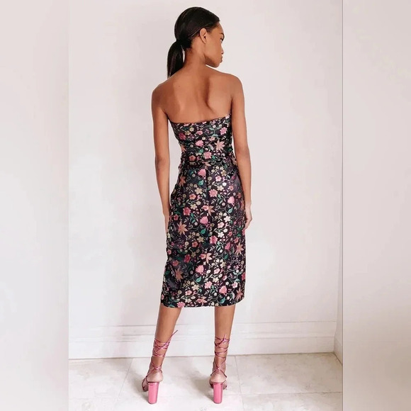 Lulu's Make a Move Black Satin Floral Jacquard Strapless Midi Dress Party - Picture 5 of 10